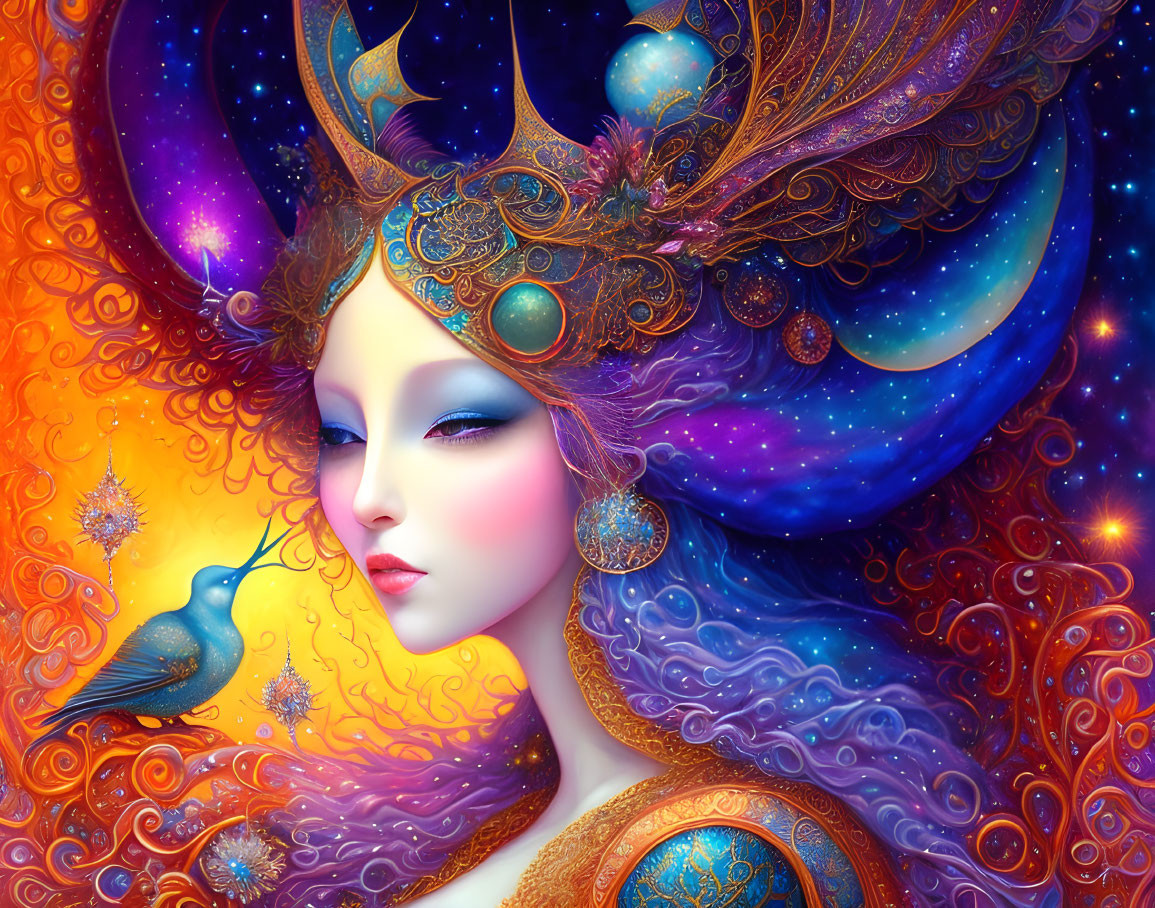 Vibrant Artwork: Stylized woman with flowing hair in cosmic setting with celestial motifs and