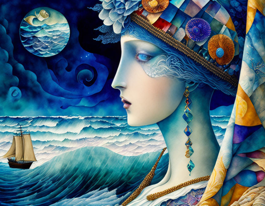 Vibrant surreal illustration of woman with ocean waves hair and ship in fantasy style