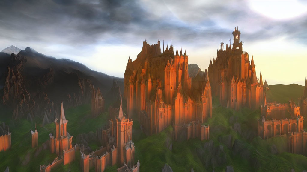 Majestic fantasy castle with spires and towers against mountain backdrop at sunset