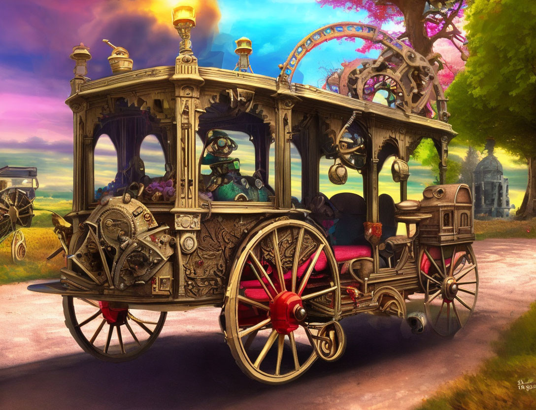 Steampunk-style carriage with ornate gears and pipes on countryside road at sunset