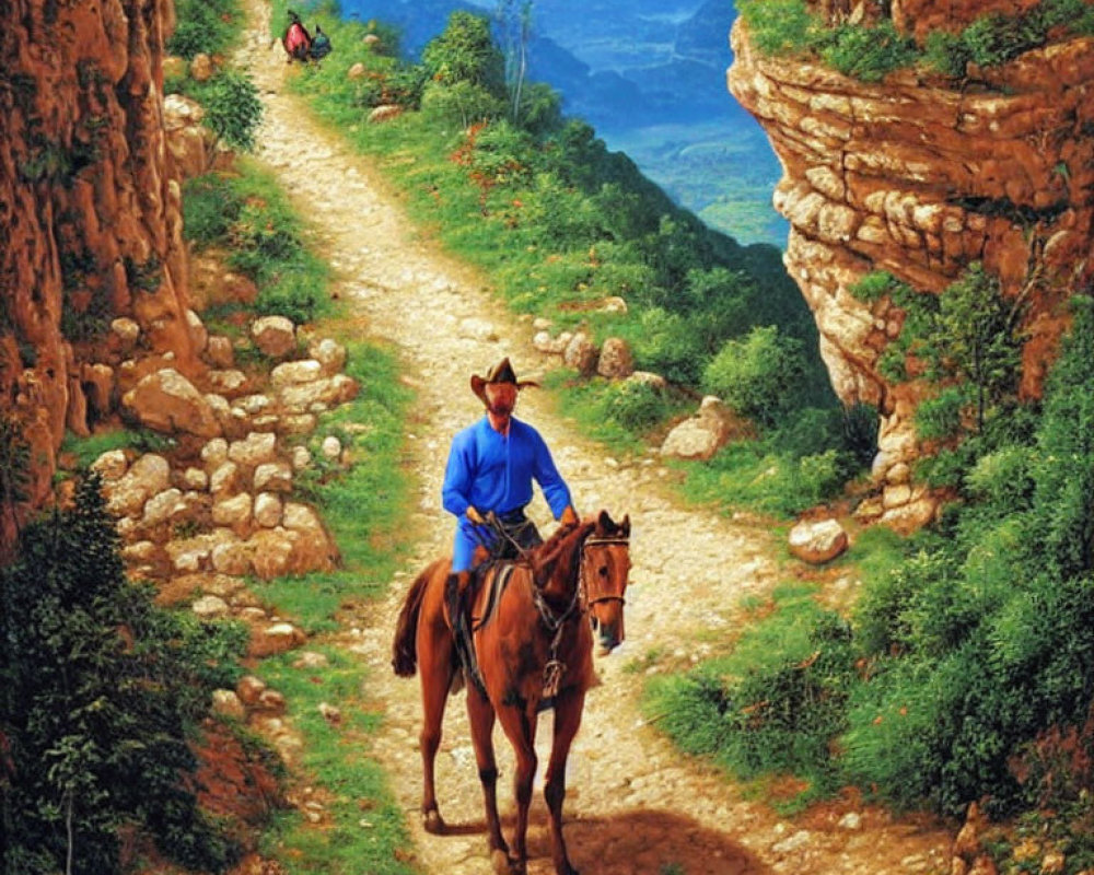 Blue-shirted rider on brown horse navigating rocky path between cliffs.