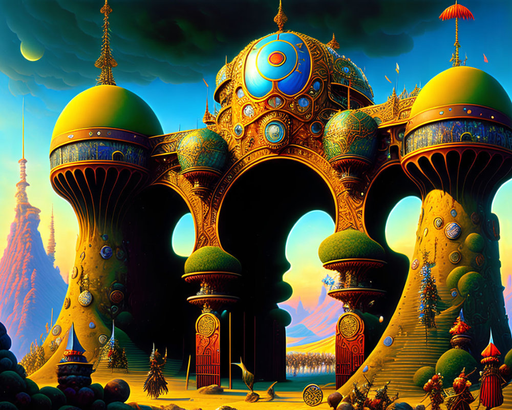 Fantastical Ornate Structure with Domes and Arches in Vibrant Landscape