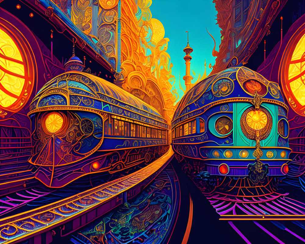 Detailed digital artwork of futuristic trains at ornate station