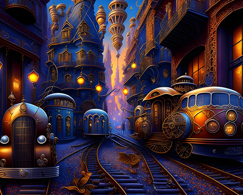 Fantastical Cityscape with Ornate Buildings and Futuristic Trains
