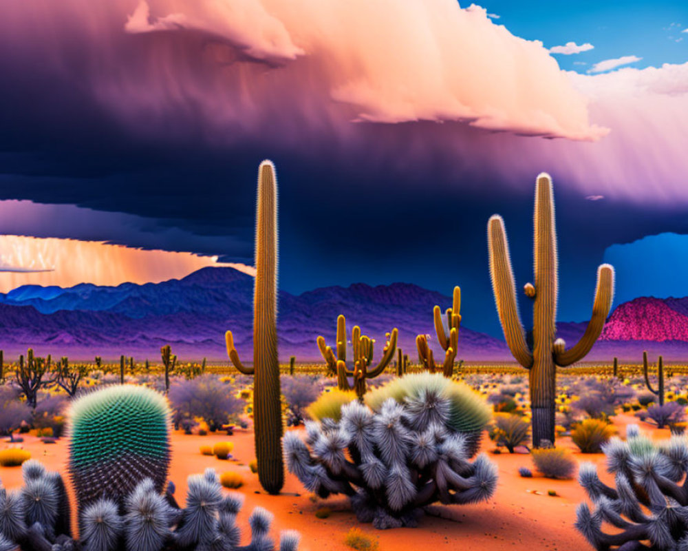 Dramatic desert landscape with towering cacti and stormy sky