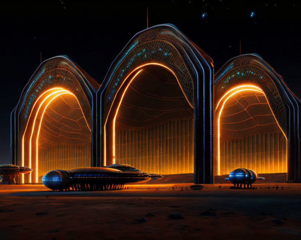 Futuristic Night Cityscape with Arch-Shaped Buildings & Flying Vehicles