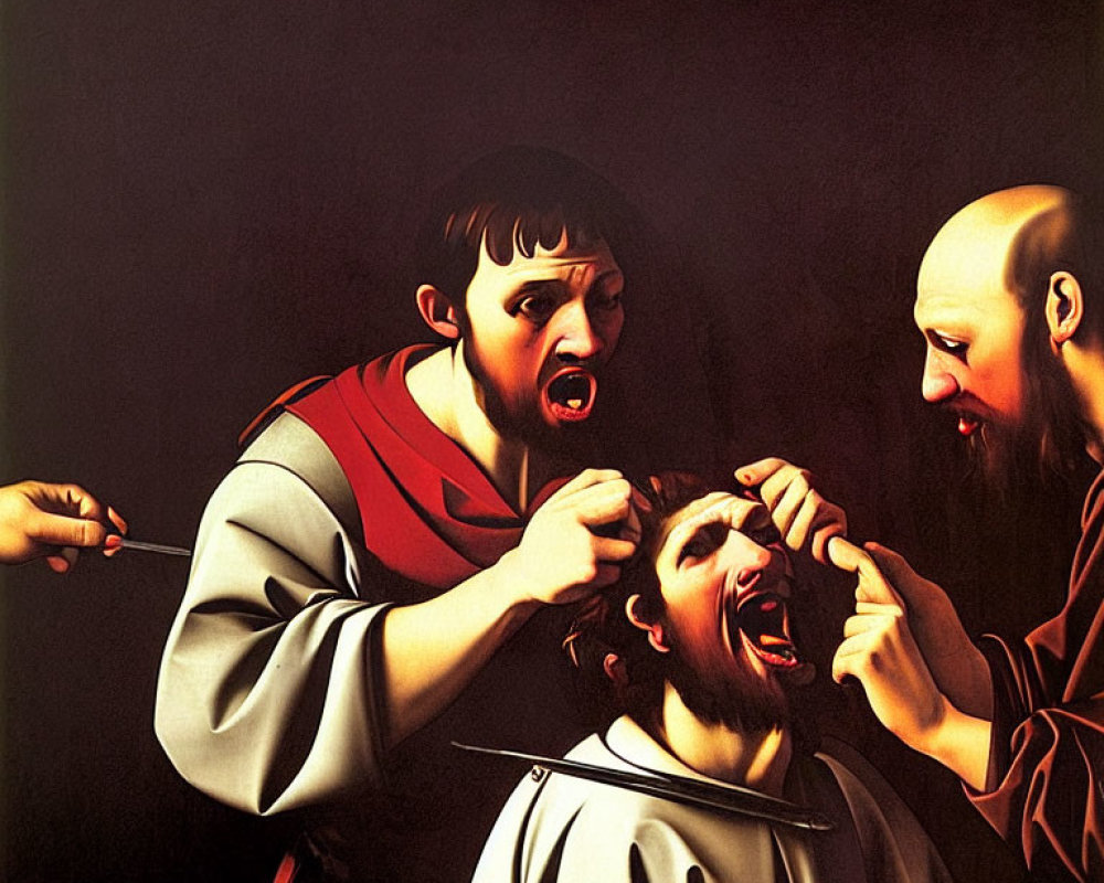 Dramatic painting of two men extracting a tooth