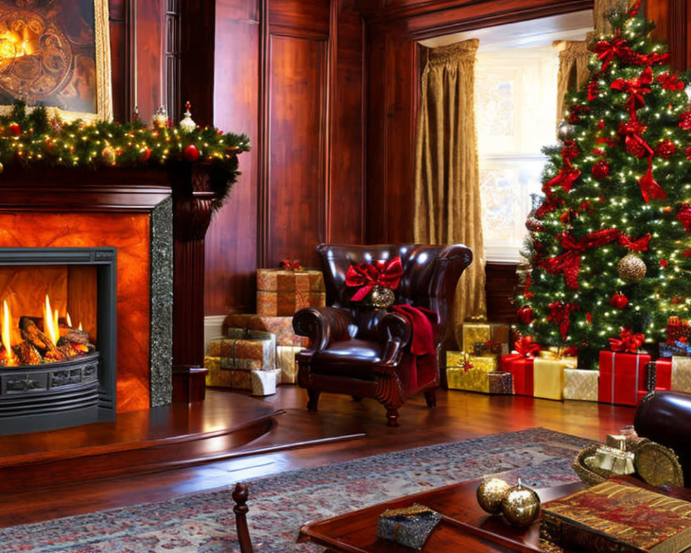 Festive Christmas room with decorated tree, gifts, fireplace, and leather armchair