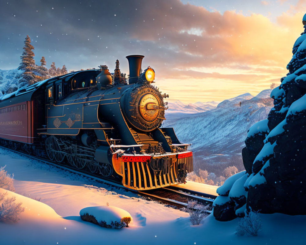 Snowy Sunset Scene: Vintage Train, Mountains, Snow-Covered Trees