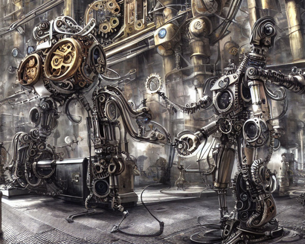 Steampunk-style robots with exposed gears in industrial setting