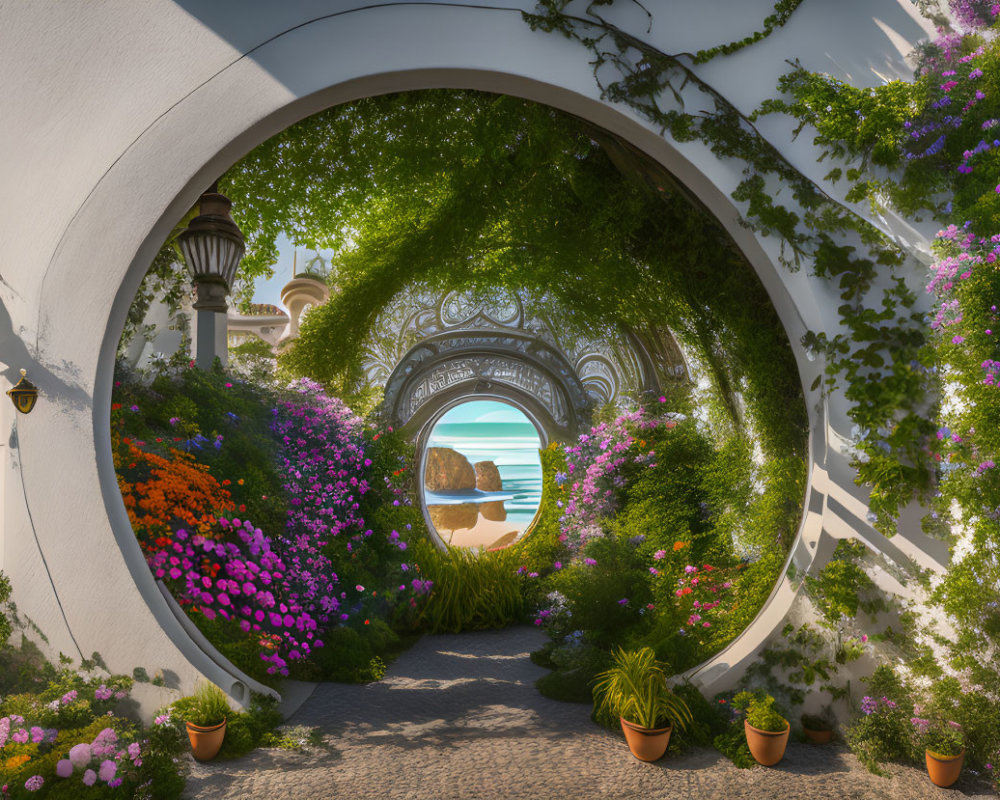 Scenic archway with lush greenery and ocean view