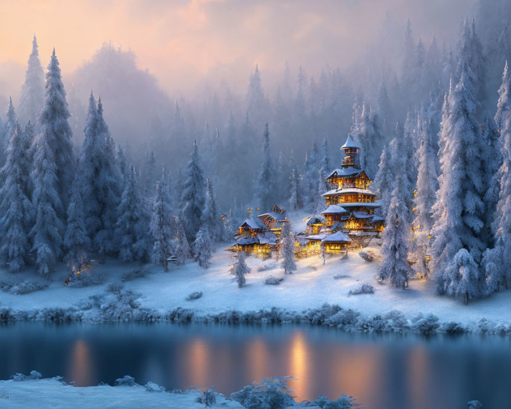 Snow-covered multi-tiered pagoda and traditional buildings in serene winter landscape by calm lake