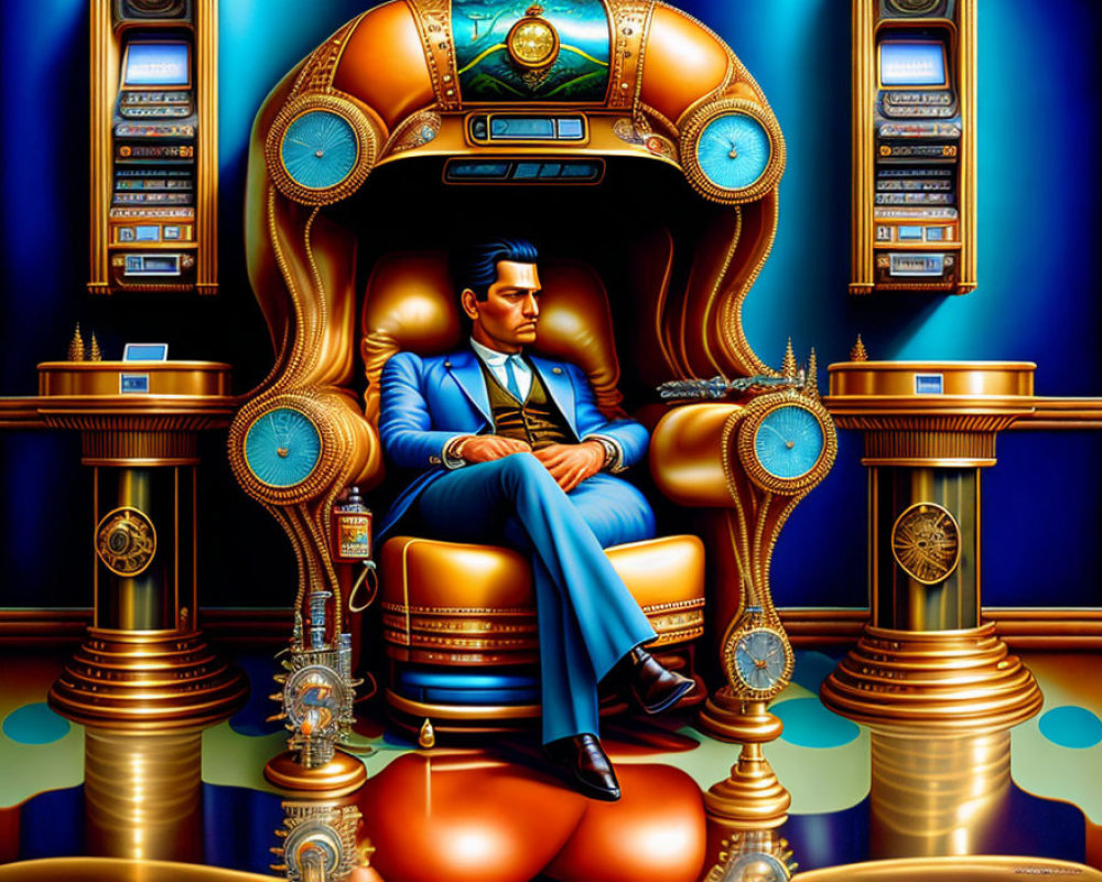 Man in Suit on Ornate Mechanical Throne in Art Deco Room with Blue Tones