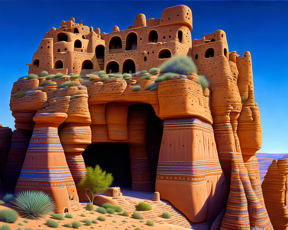 Digitally-rendered image of fantastical desert structure with pueblo-like architecture against clear blue sky