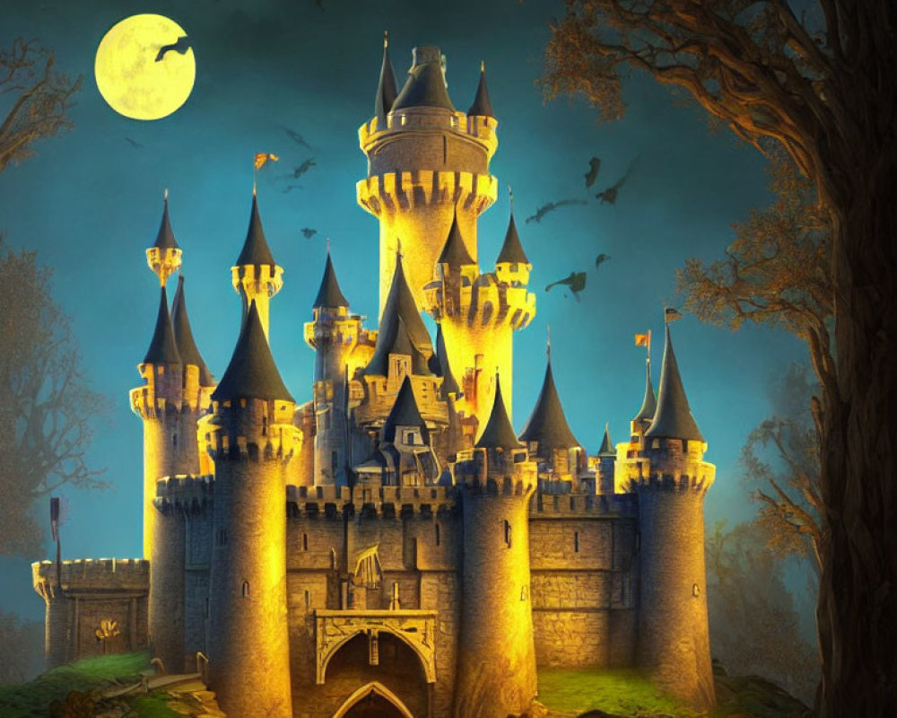 Enchanted castle at night with full moon in dark forest