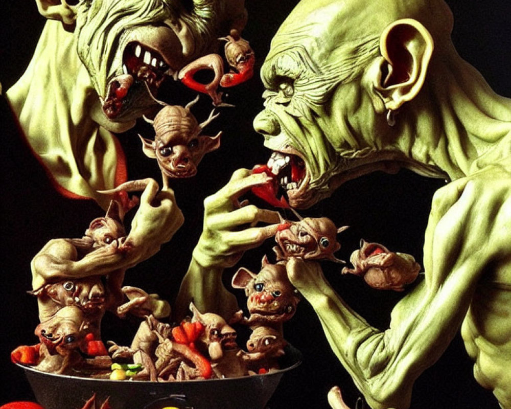 Three grotesque goblin-like creatures with small creatures and candy bowl