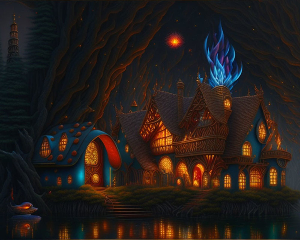 Enchanted night scene with blue-flamed cottage, mushroom house, and starlit sky