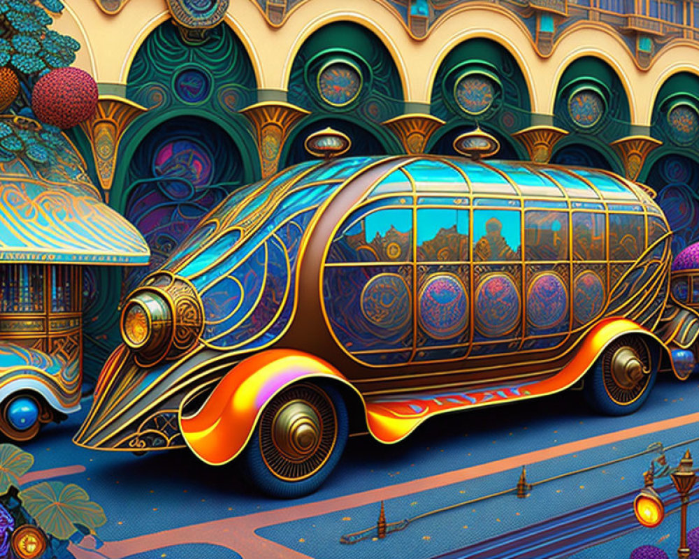 Colorful futuristic bus illustration with ornate patterns and sleek design.