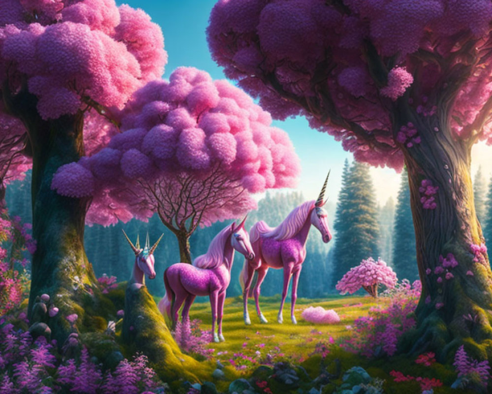 Magical forest scene with two unicorns under pink and purple sky
