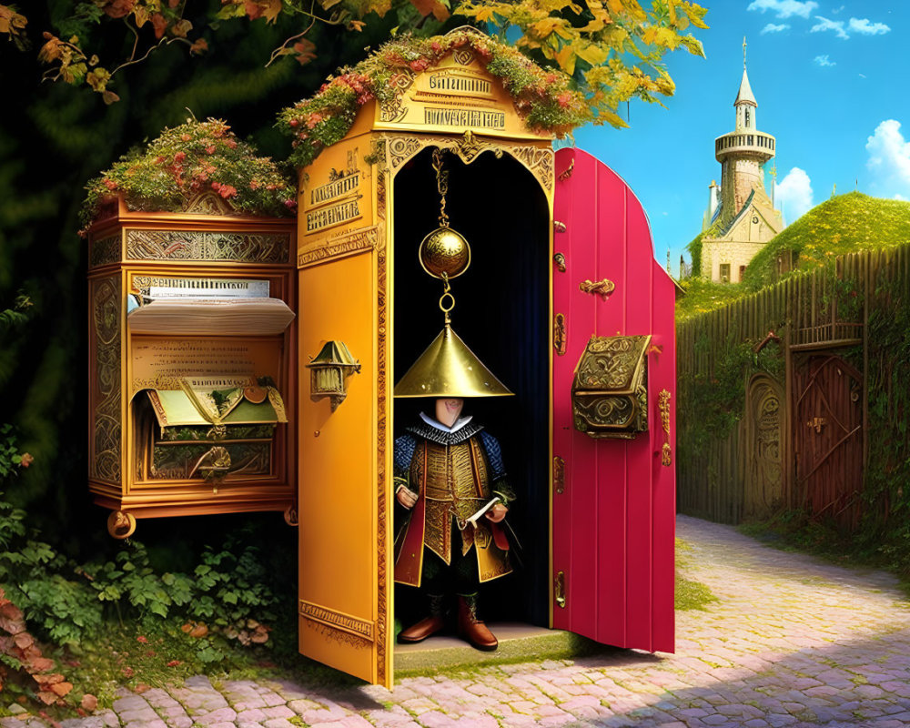 Armored knight emerging from pink door in fairy-tale book landscape