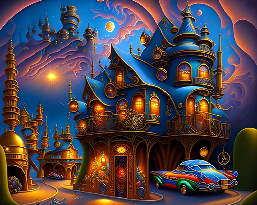 Colorful Fantasy Illustration: Whimsical Castle & Classic Car Under Starry Sky