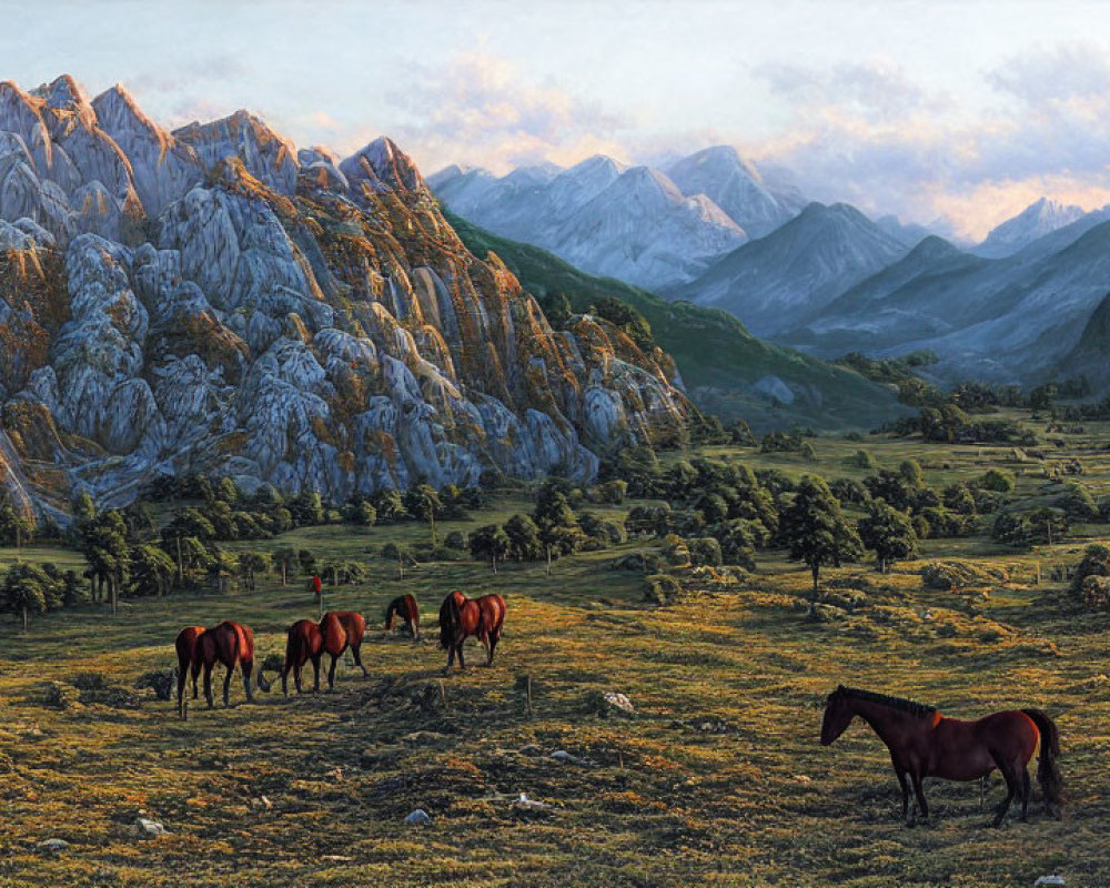 Tranquil landscape with grazing horses and majestic mountains