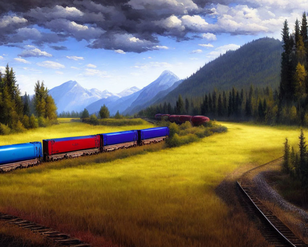 Vibrant freight train in scenic landscape with greenery, fields, and mountains