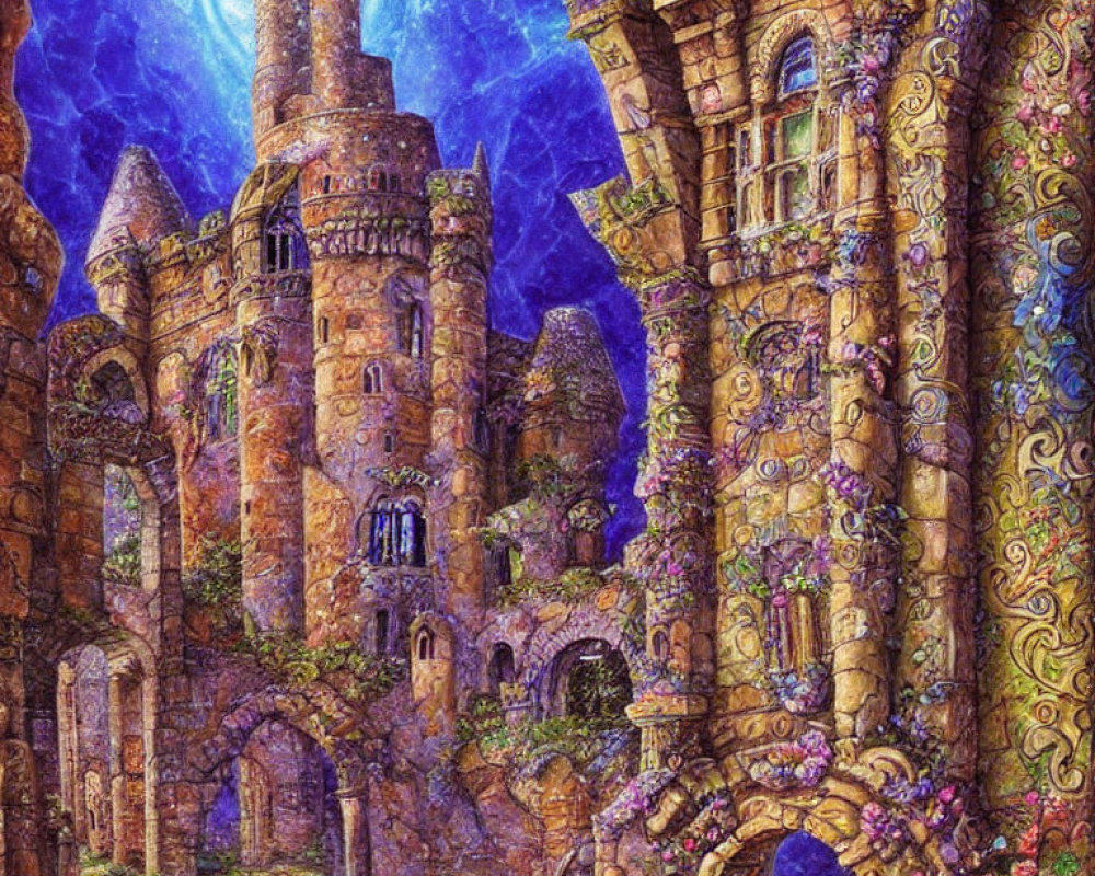 Colorful illustration of mystical castle with towers and arches in lush greenery under purple sky