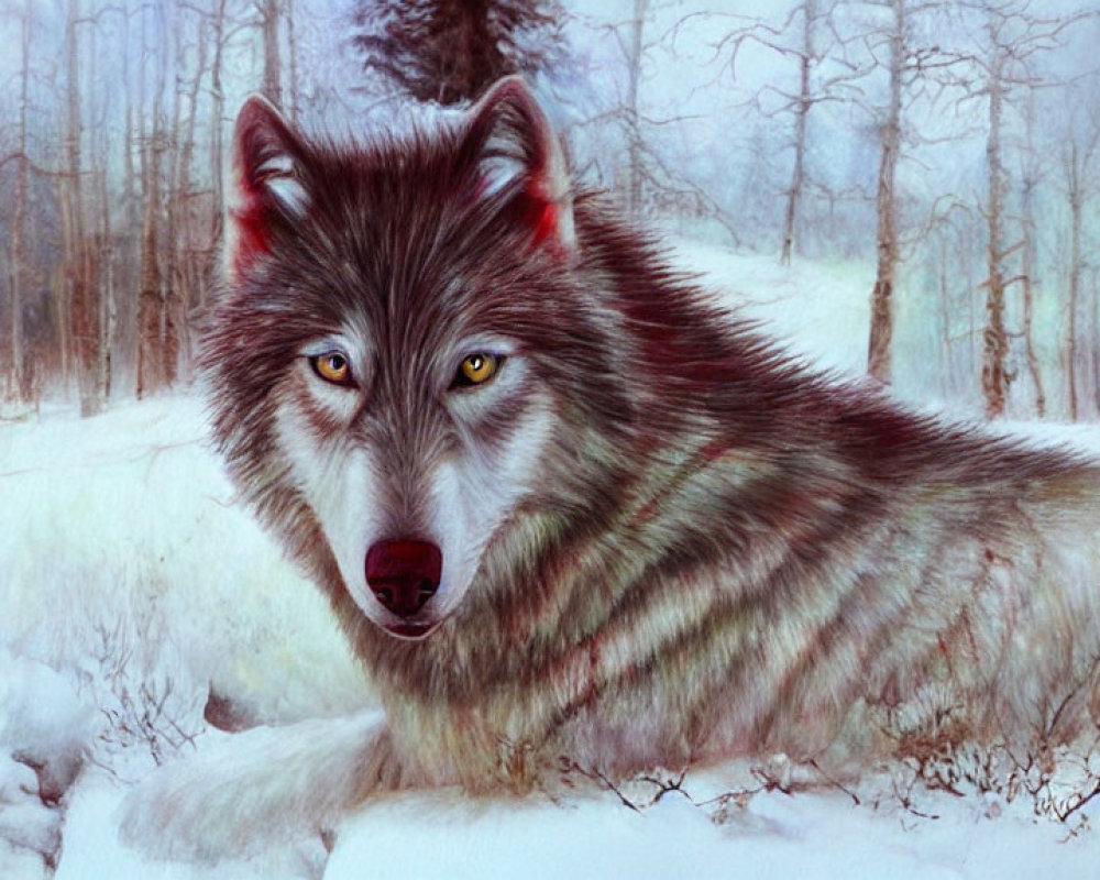 Realistic painting of a wolf in snowy forest with thick fur.