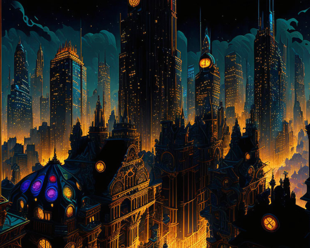 Nocturnal Cityscape Illustration with Glowing Windows and Skyscrapers