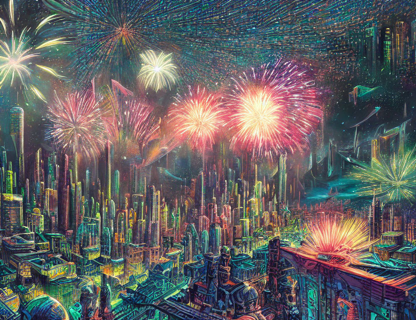 Cityscape at Night with Dazzling Fireworks Display