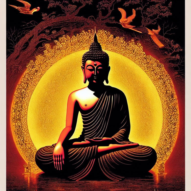 Buddha meditating with golden aura, trees, and birds.