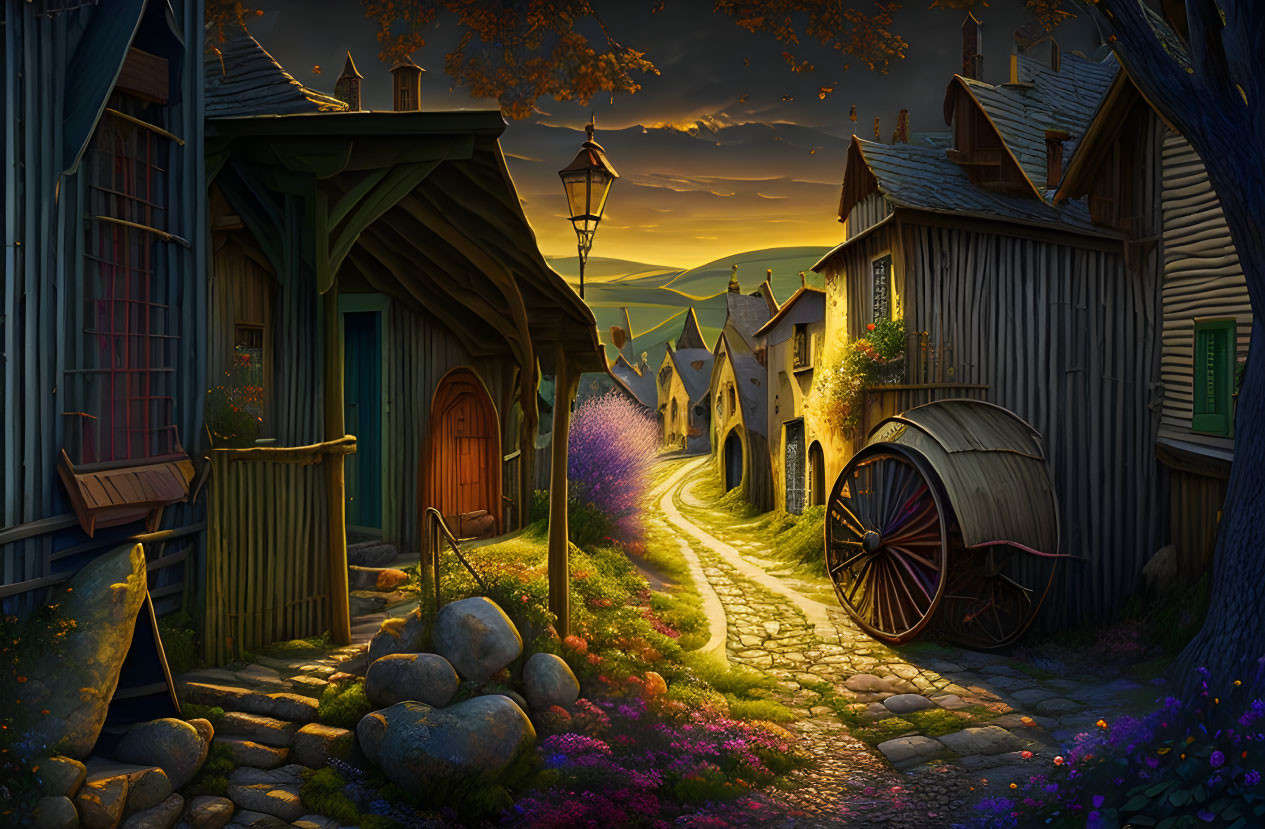 Medieval village scene at twilight with cobblestone paths, cottages, flowers, streetlamp,