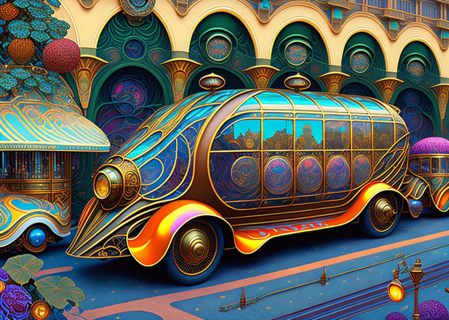 Colorful futuristic bus illustration with ornate patterns and sleek design.