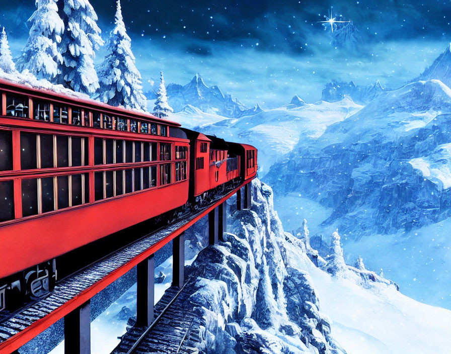 Red Train Crossing Snowy Bridge Under Starry Night Sky
