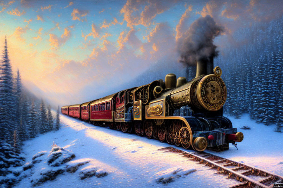Vintage steam train in snowy forest landscape at dusk