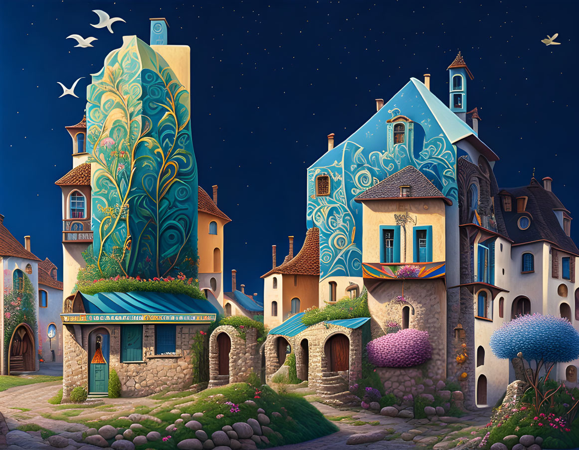 Whimsical nighttime village scene with decorative buildings and starry sky
