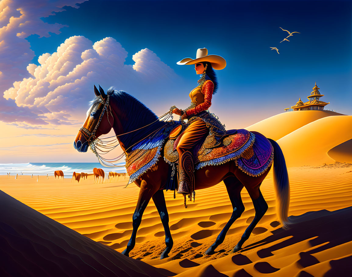 Colorful Cowgirl on Horseback in Western Desert Scene