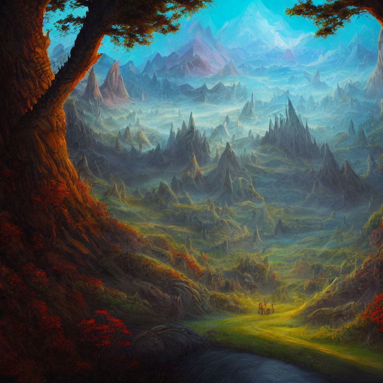 Fantastical landscape with luminous path and jagged peaks at dawn or dusk