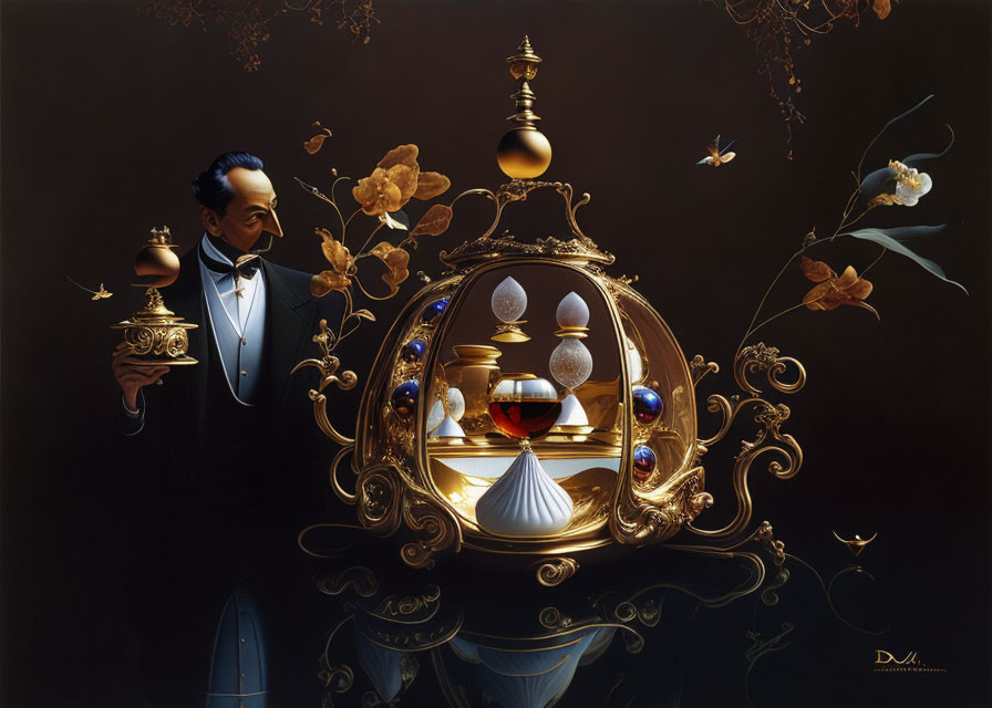 Surreal illustration of man with candelabra near ornate clock and boat