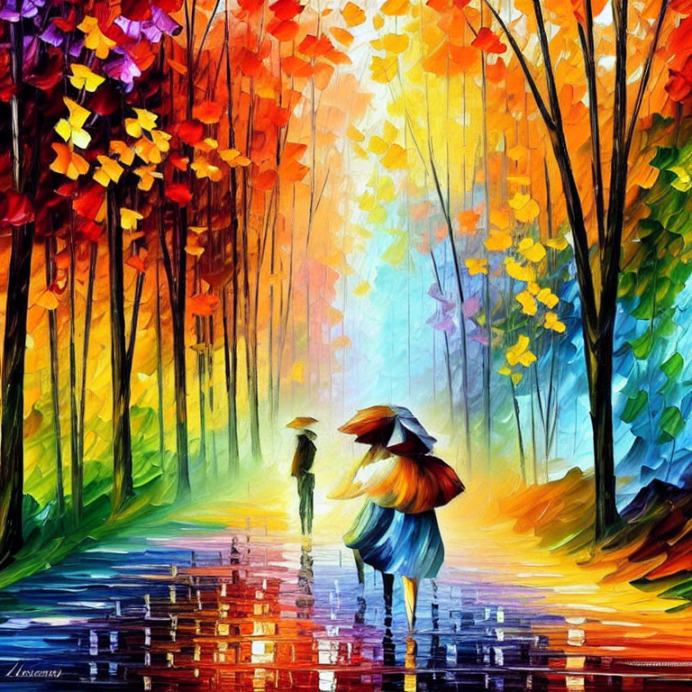 Colorful Painting: Two People with Umbrellas in Rainy Forest