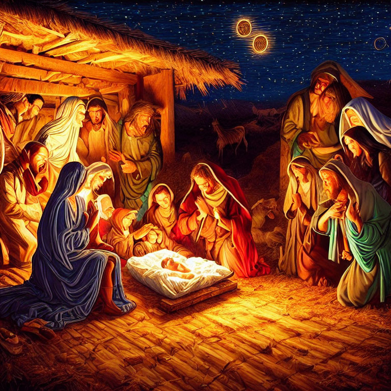 Illustration of Nativity scene with newborn Jesus, Mary, Joseph, visitors under starlit sky