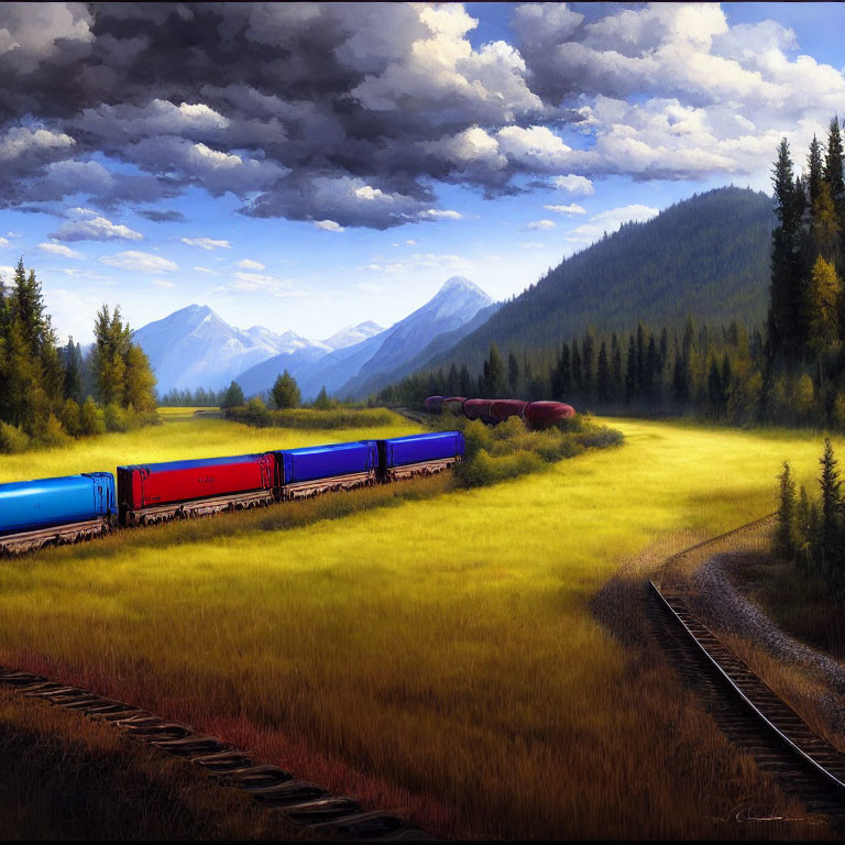 Vibrant freight train in scenic landscape with greenery, fields, and mountains
