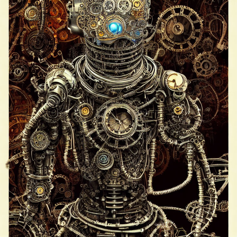 Detailed Steampunk Style Robot with Glowing Blue Eye Among Machinery