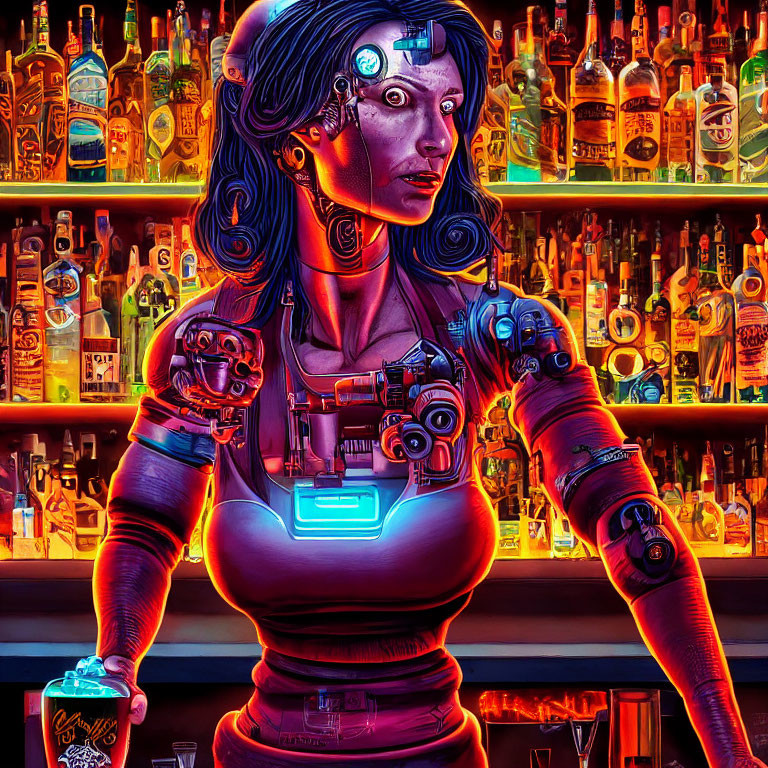 Female robotic bartender with cybernetic enhancements and colorful backdrop
