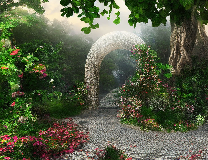 Tranquil cobblestone path under ivy archway with lush greenery and vibrant flowers