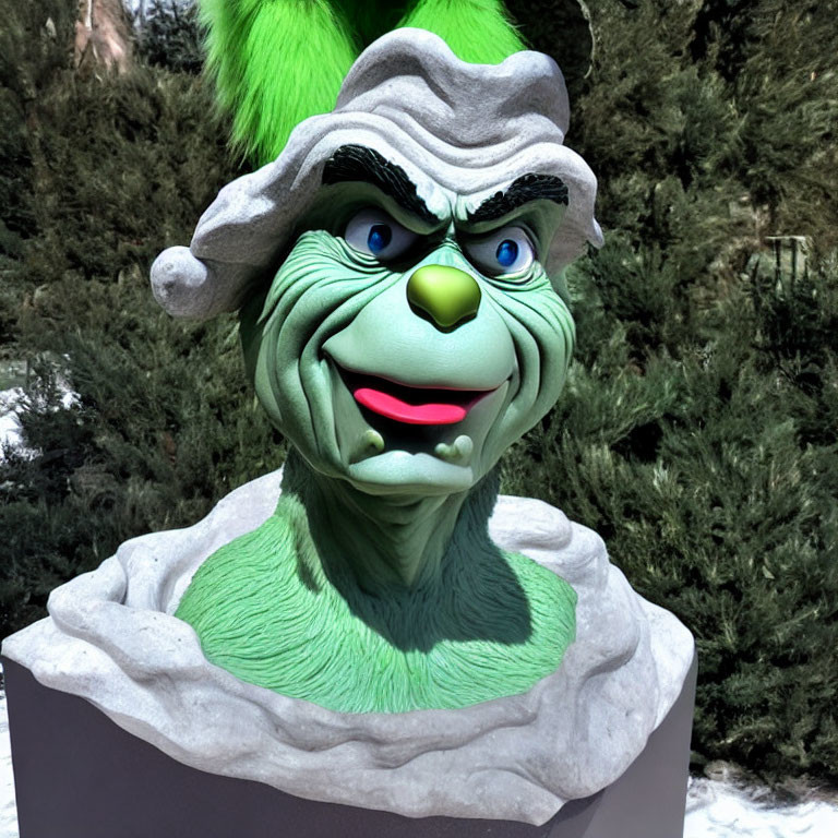 Colorful Grinch statue with smug expression and green fur