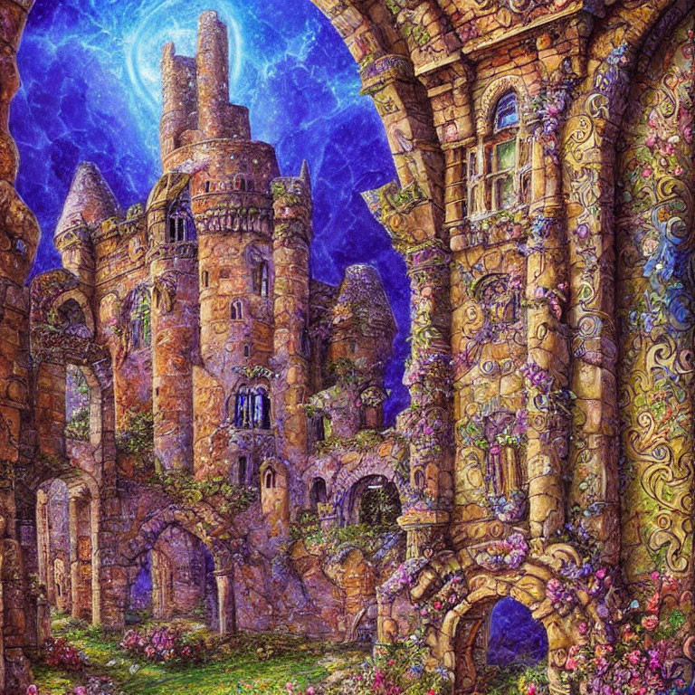 Colorful illustration of mystical castle with towers and arches in lush greenery under purple sky