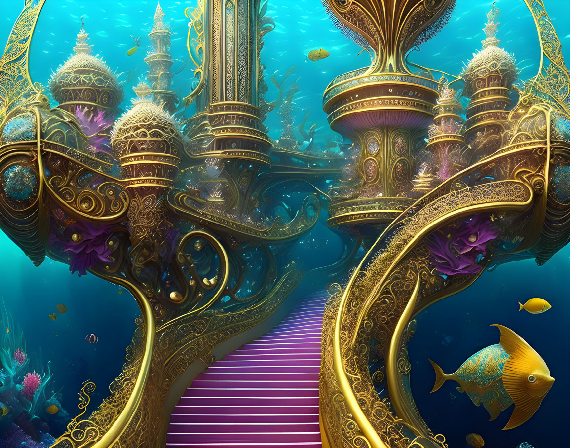 Vibrant underwater scene with golden structures, purple stairways, and colorful fish