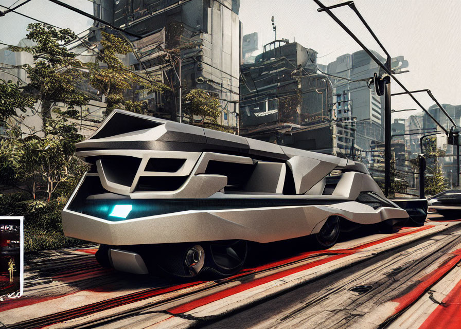 Sleek angular armored vehicle in futuristic cityscape